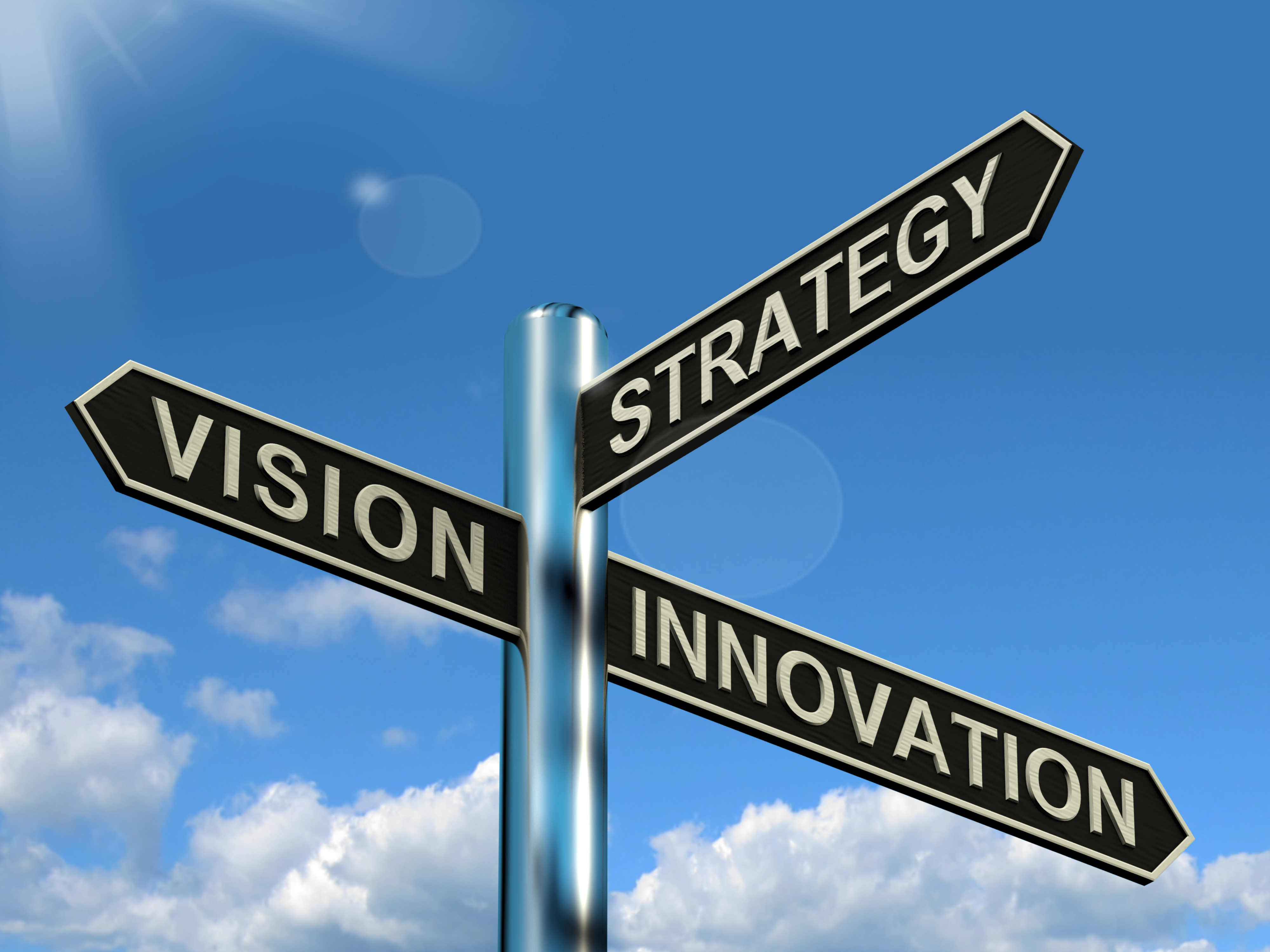 Vision Strategy Innovation Signpost Showing Business Leadership And Ideas